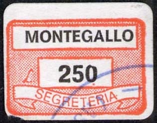 Marca da Bollo del Comune di MONTEGALLO su Carta Bianca di dimensioni 19 x 13 mm