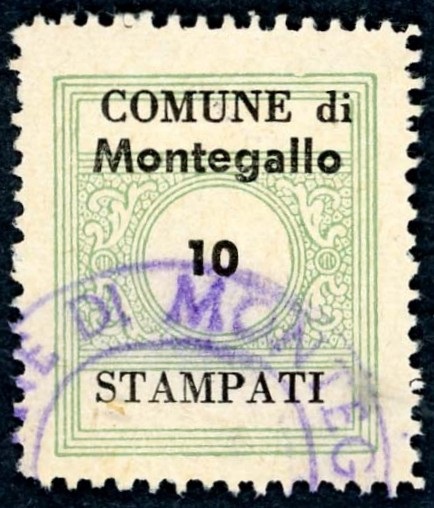 Marca da Bollo del Comune di MONTEGALLO su Carta Bianca di dimensioni 22 x 26 mm
