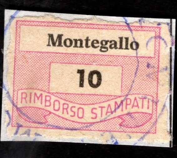 Marca da Bollo del Comune di MONTEGALLO su Carta Bianca di dimensioni 19 x 14 mm