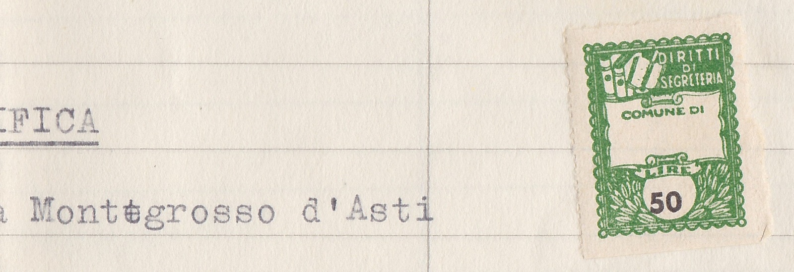 Marca da Bollo del Comune di MONTEGROSSO D´ASTI su Carta Bianca di dimensioni 22,5 x 29 mm
