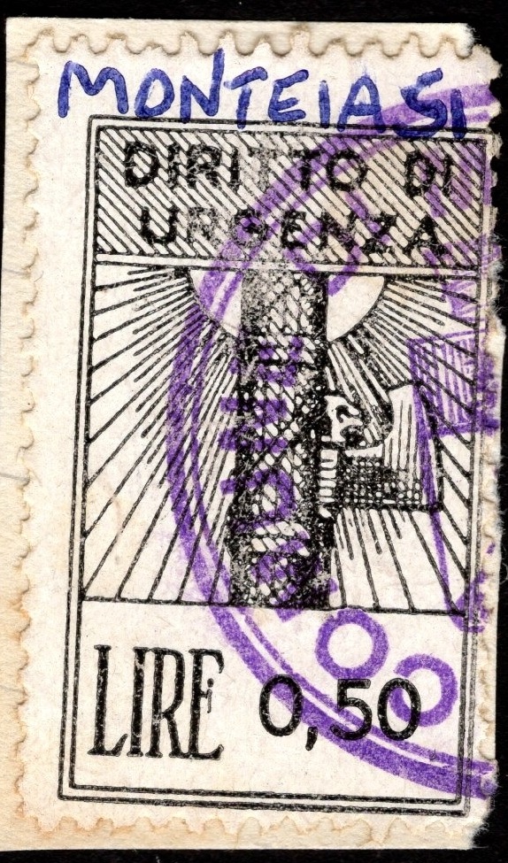 Marca da Bollo del Comune di MONTEIASI su Carta Bianca di dimensioni 21 X 32 mm