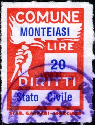 Marca da Bollo del Comune di MONTEIASI su Carta Bianca di dimensioni 18 X 25,5 mm