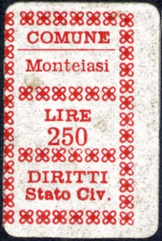 Marca da Bollo del Comune di MONTEIASI su Carta Bianca di dimensioni 17,5 x 29 mm