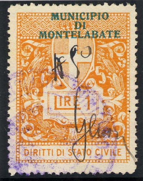 Marca da Bollo del Comune di MONTELABBATE su Carta Bianca di dimensioni 28 x 36,5 mm