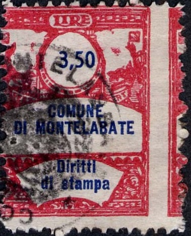 Marca da Bollo del Comune di MONTELABBATE su Carta Bianca di dimensioni 22,5 x 29 mm