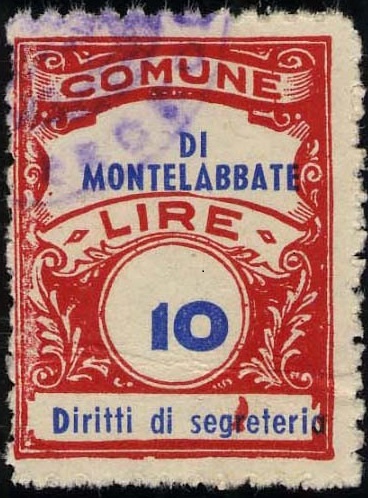 Marca da Bollo del Comune di MONTELABBATE su Carta Bianca di dimensioni 22 x 29,5 mm