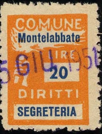 Marca da Bollo del Comune di MONTELABBATE su Carta Bianca Sottile di dimensioni 18 X 25,5 mm