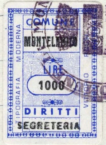 Marca da Bollo del Comune di MONTELANICO su Carta Bianca di dimensioni 20 x 29 mm