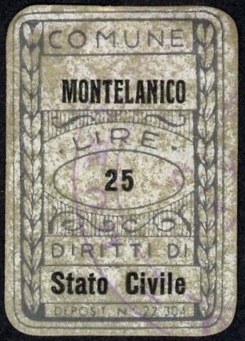 Marca da Bollo del Comune di MONTELANICO su Carta Bianca di dimensioni 20 x 30 mm