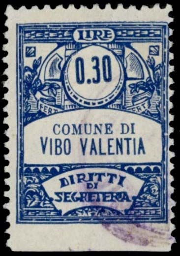 Marca da Bollo del Comune di VIBO VALENTIA su Carta Bianca Sottile di dimensioni 22 x 28,5 mm