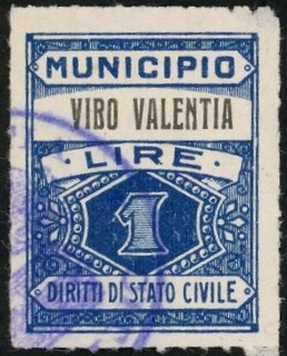 Marca da Bollo del Comune di VIBO VALENTIA su Carta Bianca Sottile di dimensioni 22,5 x 29 mm