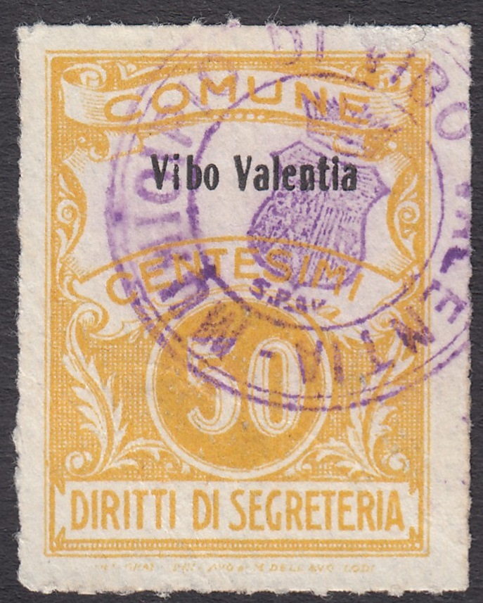 Marca da Bollo del Comune di VIBO VALENTIA su Carta Bianca di dimensioni 21,5 x 29 mm