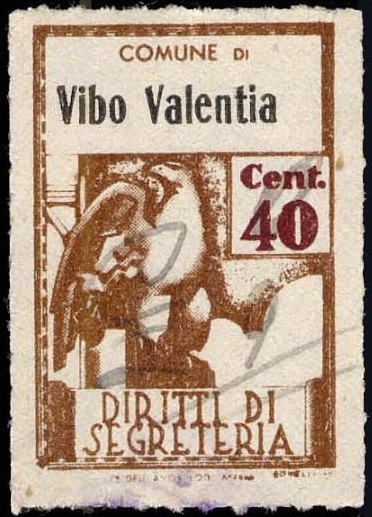 Marca da Bollo del Comune di VIBO VALENTIA su Carta Bianca di dimensioni 21 X 32 mm