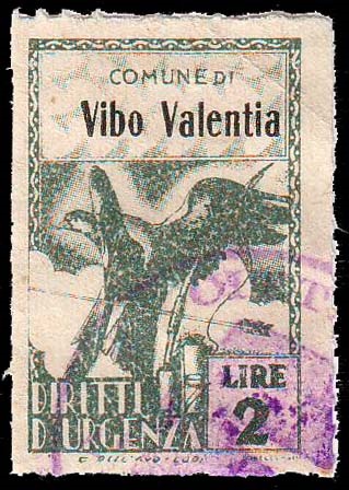 Marca da Bollo del Comune di VIBO VALENTIA su Carta Bianca di dimensioni 21 X 32 mm