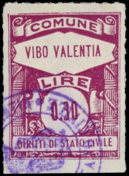 Marca da Bollo del Comune di VIBO VALENTIA su Carta Bianca di dimensioni 22 X 29 mm