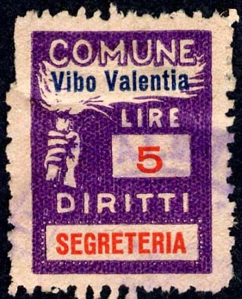Marca da Bollo del Comune di VIBO VALENTIA su Carta Bianca Sottile di dimensioni 18,5 x 25 mm