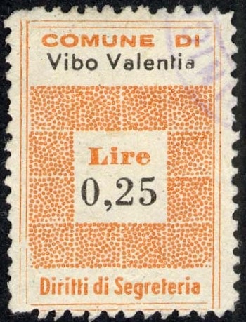 Marca da Bollo del Comune di VIBO VALENTIA su Carta Bianca di dimensioni 19,5 x 28,5 mm