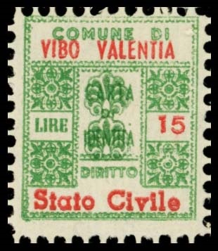 Marca da Bollo del Comune di VIBO VALENTIA su Carta Bianca di dimensioni mm