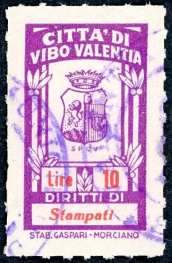 Marca da Bollo del Comune di VIBO VALENTIA su Carta Bianca Sottile di dimensioni 19 x 31,5 mm