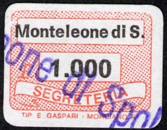 Marca da Bollo del Comune di MONTELEONE DI SPOLETO su Carta Bianca di dimensioni 20 x 14 mm