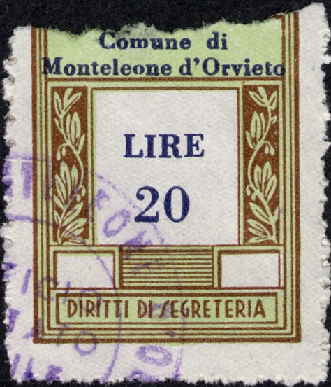 Marca da Bollo del Comune di MONTELEONE D´ ORVIETO su Carta Bianca di dimensioni 23 X 30 mm