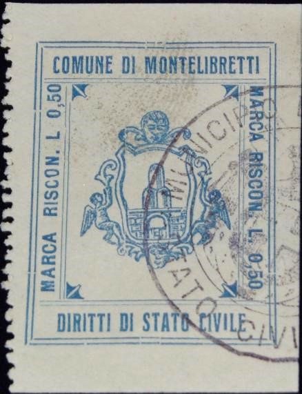 Marca da Bollo del Comune di MONTELIBRETTI su Carta Bianca di dimensioni 22,5 x 29 mm