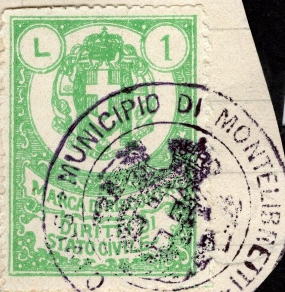 Marca da Bollo del Comune di MONTELIBRETTI su Carta Bianca di dimensioni 22,5 X 33 mm