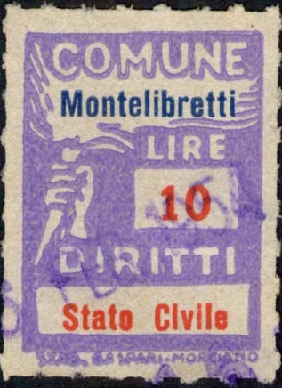 Marca da Bollo del Comune di MONTELIBRETTI su Carta Bianca di dimensioni 18,5 x 26 mm