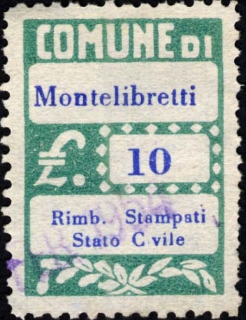 Marca da Bollo del Comune di MONTELIBRETTI su Carta Bianca di dimensioni 20 x 28 mm