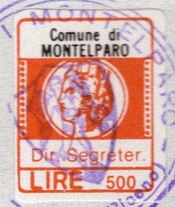 Marca da Bollo del Comune di MONTELPARO su Carta Bianca di dimensioni 16 x 20 mm