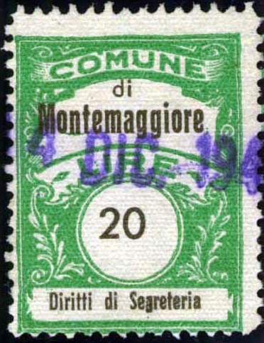 Marca da Bollo del Comune di MONTEMAGGIORE AL METAURO su Carta Bianca Sottile di dimensioni 22,5 x 29 mm