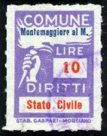 Marca da Bollo del Comune di MONTEMAGGIORE AL METAURO su Carta Bianca di dimensioni 18 X 25,5 mm