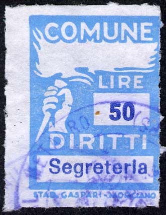 Marca da Bollo del Comune di MONTEMAGGIORE AL METAURO su Carta Bianca di dimensioni 18 X 25,5 mm