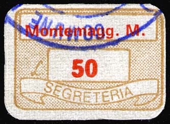 Marca da Bollo del Comune di MONTEMAGGIORE AL METAURO su Carta Bianca di dimensioni 20,5 x 14 mm