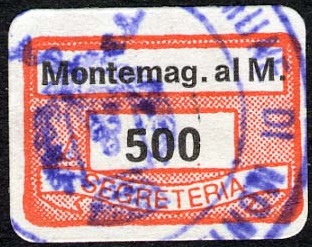 Marca da Bollo del Comune di MONTEMAGGIORE AL METAURO su Carta Bianca di dimensioni 19 x 13,5 mm