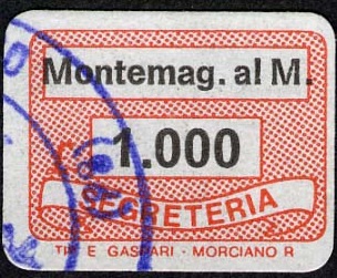 Marca da Bollo del Comune di MONTEMAGGIORE AL METAURO su Carta Bianca di dimensioni 19 x 14 mm