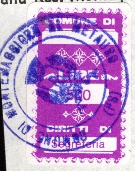 Marca da Bollo del Comune di MONTEMAGGIORE AL METAURO su Carta Bianca di dimensioni 16 x 24 mm