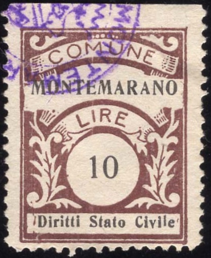 Marca da Bollo del Comune di MONTEMARANO su Carta Bianca di dimensioni 22 x 29 mm