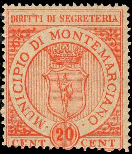Marca da Bollo del Comune di MONTEMARCIANO su Carta Bianca Sottile di dimensioni 28 x 34 mm