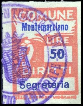 Marca da Bollo del Comune di MONTEMARCIANO su Carta Bianca di dimensioni 18,5 x 26 mm