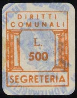 Marca da Bollo del Comune di MONTEMARCIANO su Carta Bianca di dimensioni 14 x 17 mm