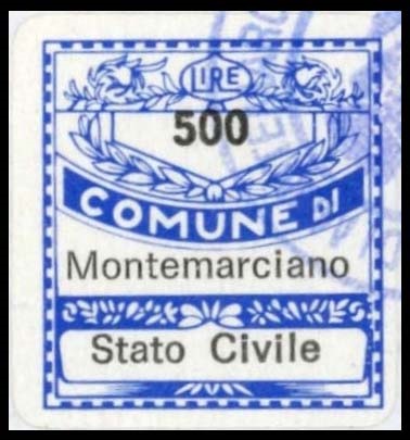 Marca da Bollo del Comune di MONTEMARCIANO su Carta Bianca di dimensioni 19 x 21 mm