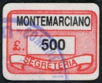 Marca da Bollo del Comune di MONTEMARCIANO su Carta Bianca di dimensioni 18,5 x 14 mm