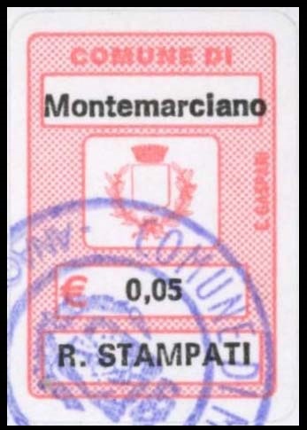 Marca da Bollo del Comune di MONTEMARCIANO su Carta Bianca di dimensioni 18 x 26,5 mm