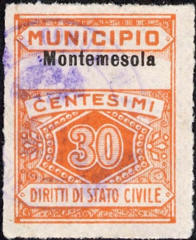 Marca da Bollo del Comune di MONTEMESOLA su Carta Bianca di dimensioni 22,5 x 29 mm