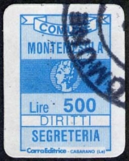 Marca da Bollo del Comune di MONTEMESOLA su Carta Bianca di dimensioni 12 x 18,5 mm