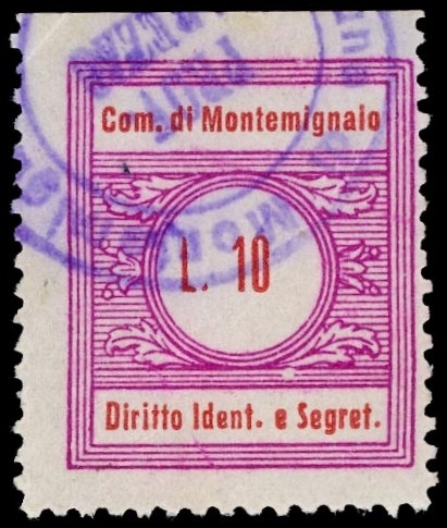 Marca da Bollo del Comune di MONTEMIGNAIO su Carta Bianca di dimensioni 21,5 x 29 mm