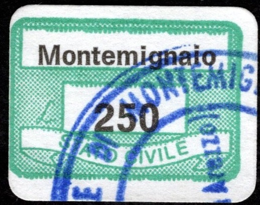 Marca da Bollo del Comune di MONTEMIGNAIO su Carta Bianca di dimensioni 20 x 14 mm
