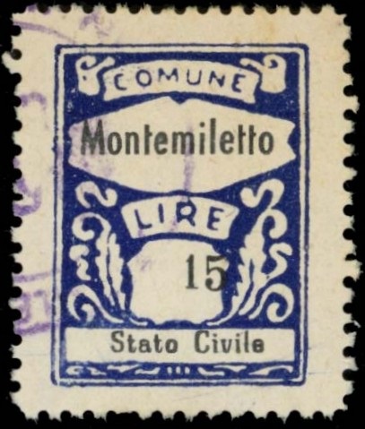 Marca da Bollo del Comune di MONTEMILETTO su Carta Bianca di dimensioni 22,5 x 28,5 mm