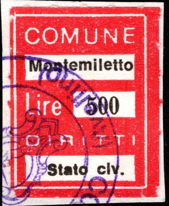 Marca da Bollo del Comune di MONTEMILETTO su Carta Bianca di dimensioni 16 x 22 mm
